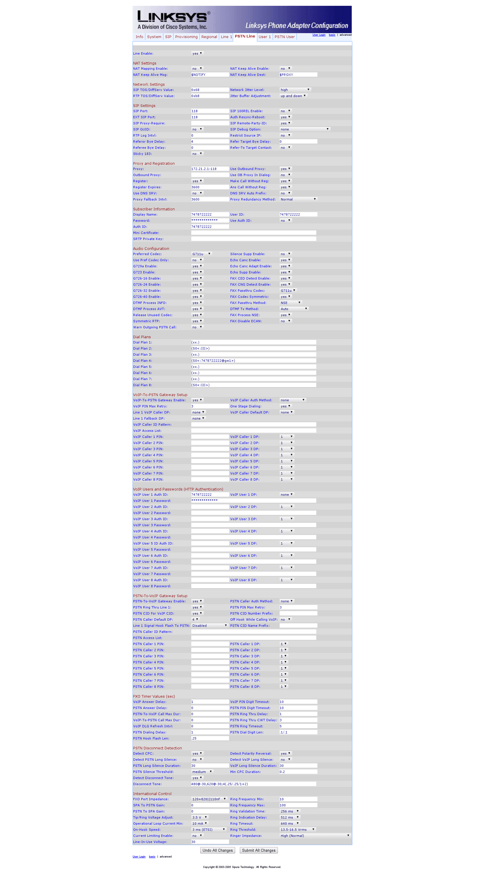 Sipura SPA Configuration 7 PSTN Line